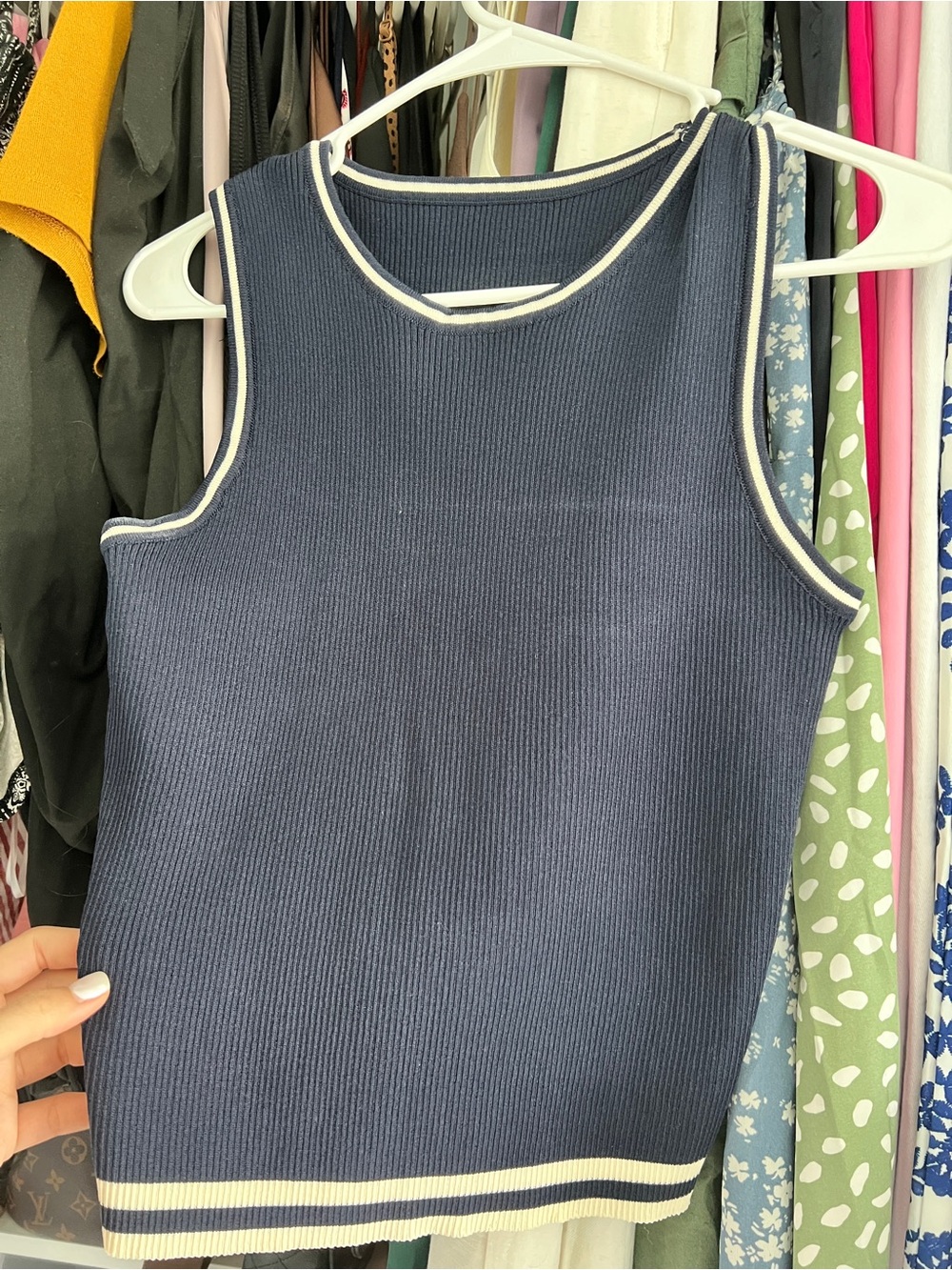 Navy with Cream Trim Sweater Top Ribbed Tank Office Wear Casual Wear